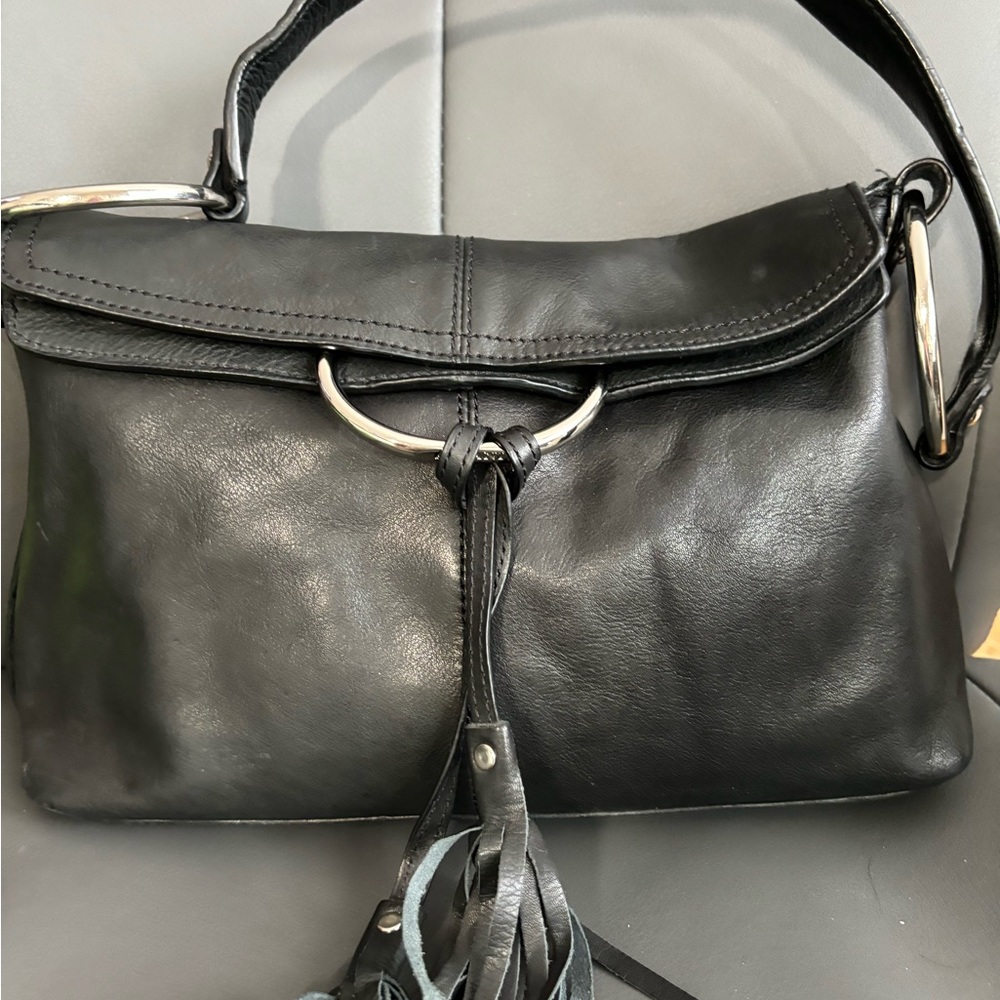 Alfani Black Leather Shoulder Bag with Silver Ring Detail